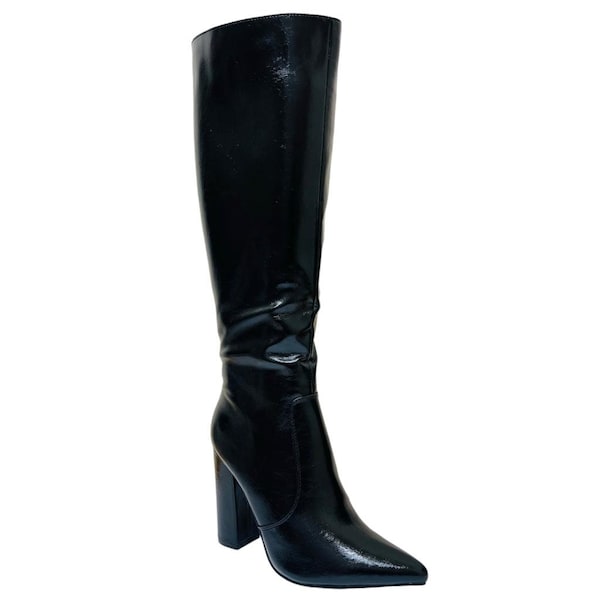 Womens Leather Look Metallic Knee High Boots