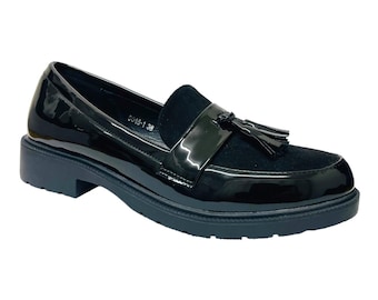 Womens Faux Patent Leather Tassel Slip On Shoes