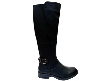 Womens Faux Leather Flat Sole Knee High Boots Black