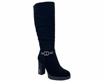 Womens Block Heels Zip Diamante Knee High Boots