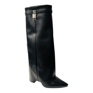 May include: Black leather knee-high boot with a pointed toe and a wedge heel. The boot features a silver-tone padlock detail at the top. The boot is approximately 16 inches tall.