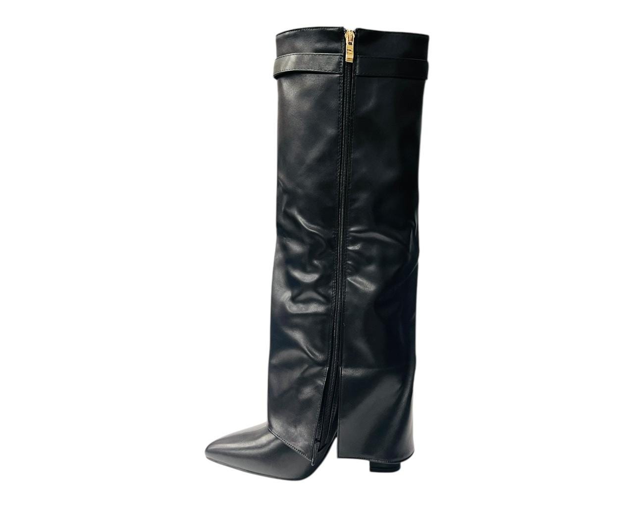 Women's Faux Leather Knee High Fold Over Block Heel Zip Buckle