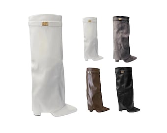 Women's Faux Leather Knee High Fashion Fold Over Block Heel Comfy Boots