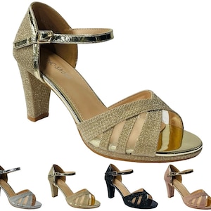 Glitter Ankle Strap Block Heel Shoes