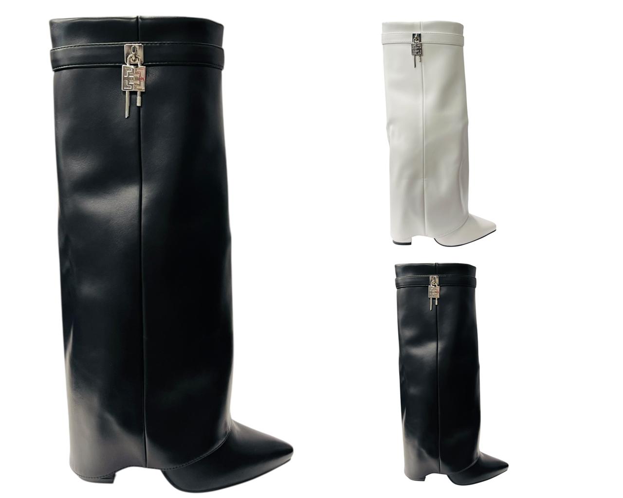 Women Padlock Details Knee High Fold Over Ladies Block Heel Black