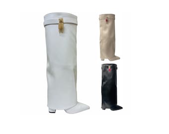 Women Faux Leather Knee High Fold Over Block Heel Zip Padlock Boots