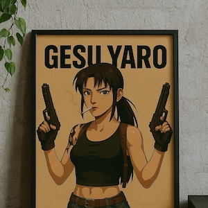 May include: Framed poster featuring an anime-style illustration of a woman holding two black handguns. She wears a black tank top, denim shorts, and a brown belt. The text "GESU YARO" is at the top.