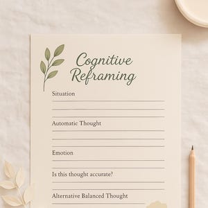 May include: A beige paper with the words "Cognitive Reframing" and prompts for self-reflection. A pencil and decorative sprigs are on the side. The prompts include "Situation," "Automatic Thought," and "Emotion."