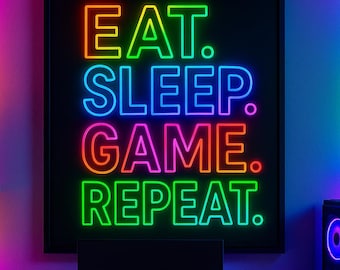 Decoración de videojuegos, pósteres de gamer, arte mural gamer, póster de neón, impresiones de videojuegos "Eat Sleep Game Repeat", decoración de videojuegos, arte mural imprimible
