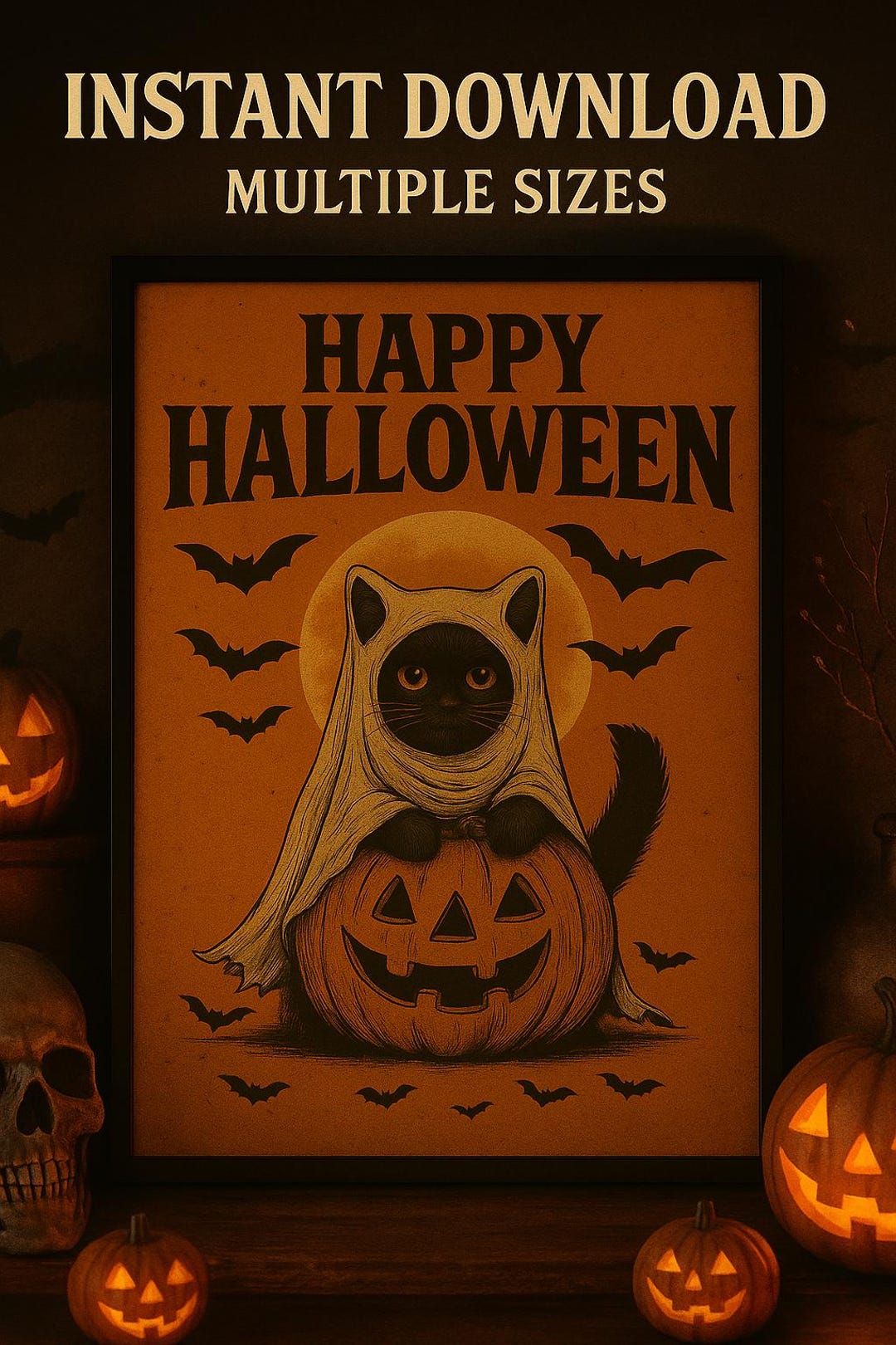 Halloween Cute Black Cat Poster PDF | Vintage Wall Art | Spooky Pumpkin ...