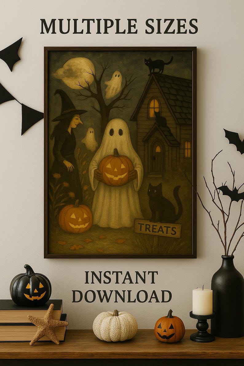 Halloween Wall Art Print – Vintage Witch Ghost Pumpkin Cat Poster ...