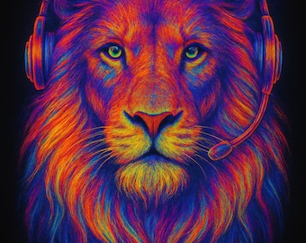 Regalo de decoración para videojuegos: póster de neón de león gamer con auriculares, arte mural vibrante para gamers, impresión colorida para sala de juegos.
