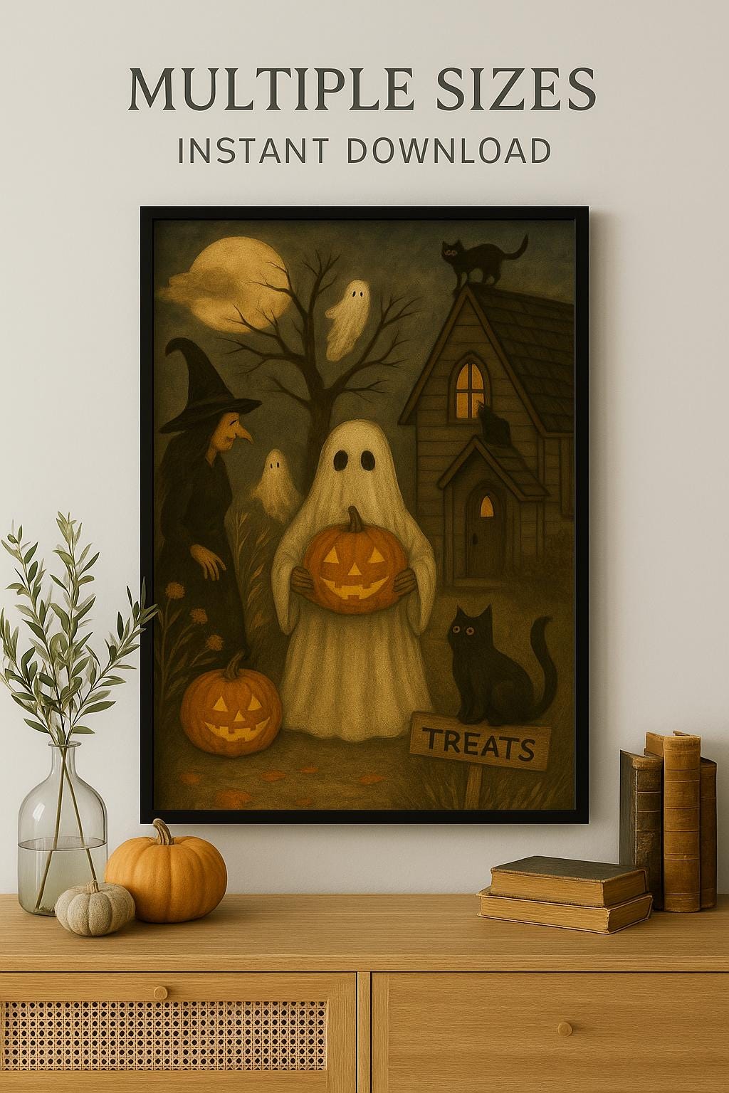 Halloween Wall Art Print – Vintage Witch Ghost Pumpkin Cat Poster ...