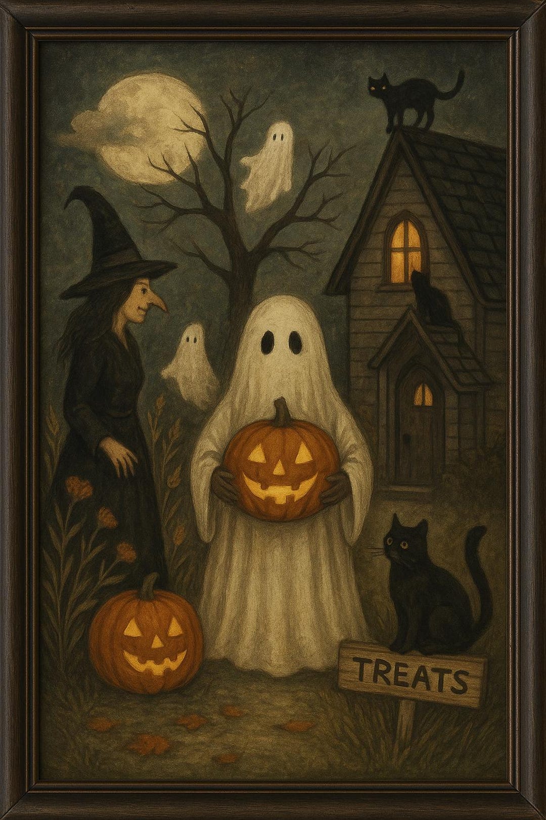 Halloween Wall Art Print – Vintage Witch Ghost Pumpkin Cat Poster ...