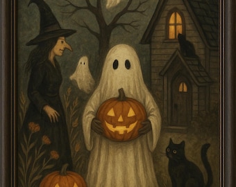Halloween Wall Art Print – Vintage Witch Ghost Pumpkin Cat Poster ...
