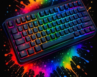 Regalo de decoración para videojuegos: póster de jugador con teclado RGB neón, arte mural vibrante para videojuegos, impresión colorida para habitación gamer