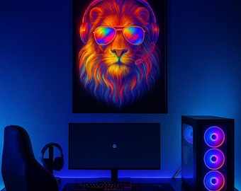 Regalo de decoración para videojuegos: póster de neón de león gamer con auriculares y gafas de sol, arte de pared vibrante para sala de juegos.