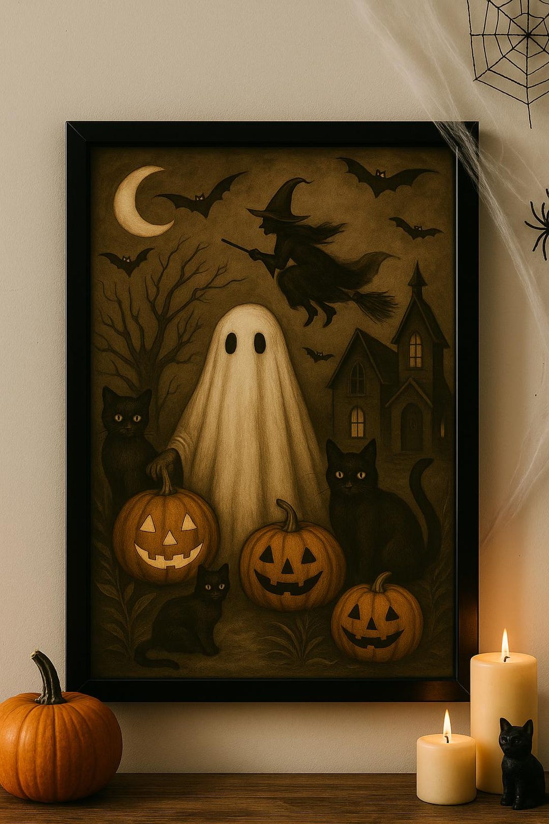 Vintage Halloween Cat Wall Art Print Gift: Spooky Ghost, Pumpkin, Witch ...