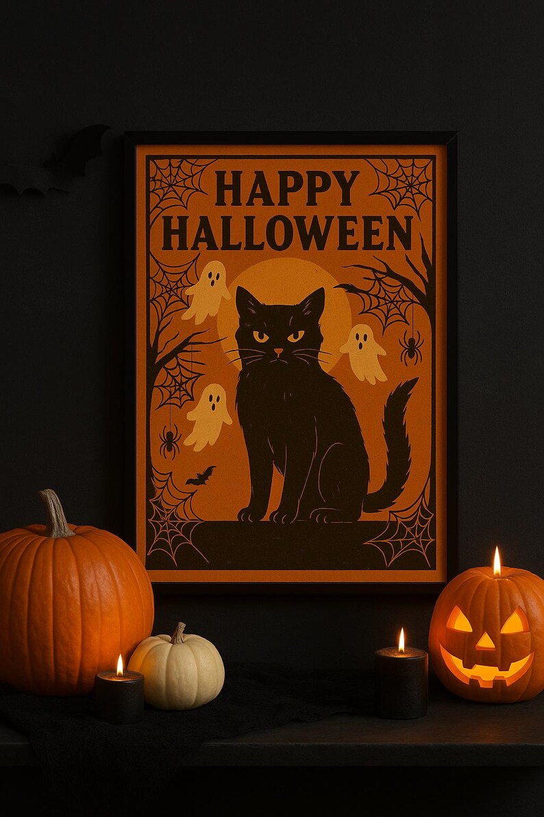 Vintage Halloween Black Cat Poster: Spooky Ghosts and Pumpkins (PDF ...