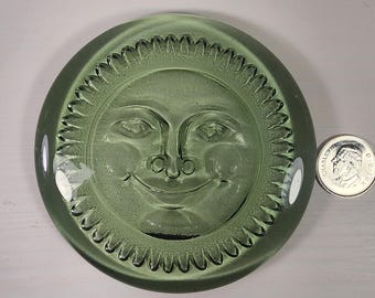 Vintage Green Glass Sun Face Paperweight | Olive Art Glass Celestial Sun Plaque | Mid Century Style Decor