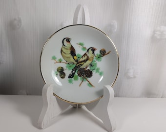 May include: A small white porcelain plate with a gold rim features a painted design of two birds perched on a branch with pine cones. The plate is on a white stand.