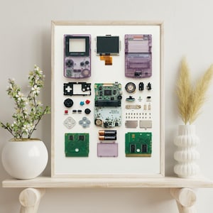 Può includere: Un'opera d'arte incorniciata che mostra componenti smontati di un Game Boy viola. La disposizione include lo schermo, i circuiti stampati, i pulsanti e il vano batteria, creando un'esposizione unica e nostalgica. La cornice è di colore chiaro e lo sfondo è neutro.
