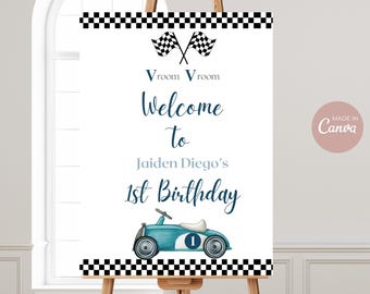 Panneau de bienvenue d'anniversaire de voiture de course : modèle de toile modifiable (téléchargement numérique, 5 tailles incluses)