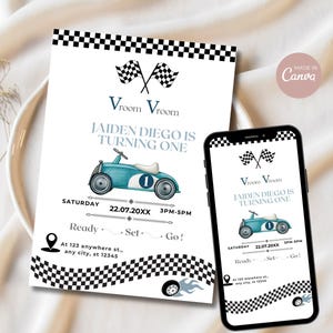 Editable Race Car 1st Birthday Invitation: Fast One Theme (Digital Download, Canva Template)