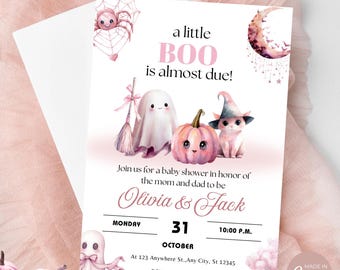 Pink A Little Boo Halloween Invitation Girl Ghost Baby Shower Invite Editable Template Digital Download