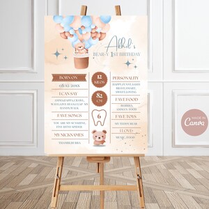 Editable Bear Hot Air Balloon Milestone Birthday Poster,Blue Beary First Birthday Sign, Teddy Bear Milestone Poster,Instant Download
