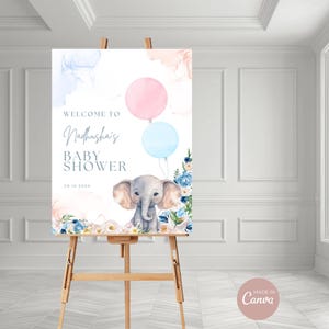 Elephant Baby Shower Welcome Sign: Blue & Pink Balloons (Editable Template)