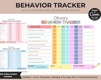 Printable Kids Behavior Chart: Editable Habit Tracker (Instant Download)