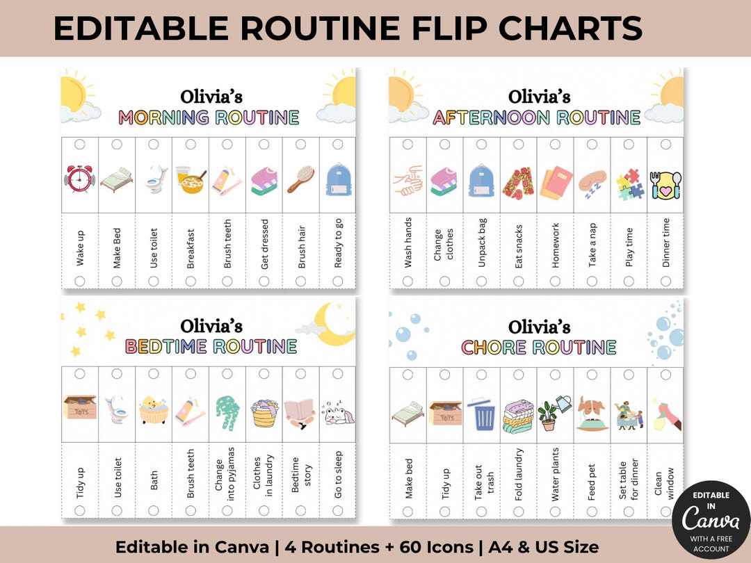 Child Routine Chart Editable Kids Daily Routine Chart: Editable Pastel Chore Visual Schedule ...