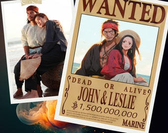 Custom Anime Couple Pirate Portrait Gift Wanted Poster Ransom Personalized Portrait