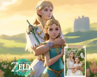 Legend of Zelda Custom Couple Portrait Video Game for Kids and Father&#39;s Day Gift Family Custom Portrait Video Games Personalized