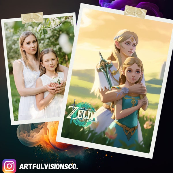 Legend of Zelda Custom Couple Portrait Video Game for Kids and Father's Day Gift Family Custom Portrait Video Games Personalized