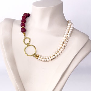 Asymmetrical, red necklace, freshwater pearl, pearl necklace, beaded necklace, elegant necklace, wedding necklace, designer jewelry