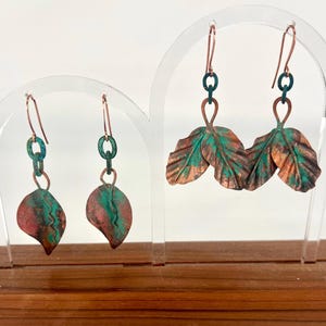 copper, patina, leaf, earrings, leaves, fall, cottagecore, cottage core, fairy, witch, jewelry, teal, green, brown, nature, forest, jewelry