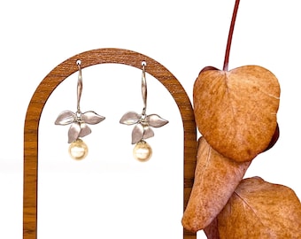 Rhodium matte orchid flower earrings with freshwater pearl drop, silver orchid earrings, wedding earrings, bridesmaid earrings