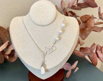 Sterling silver leaf & pearl drop necklace