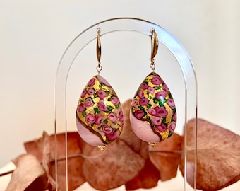 Pendientes grandes, Murano, Fiorato, pendientes de rosa, pendientes de lágrima, pendientes de fantasía, pendientes de boda, pendientes elegantes, pendientes rosas