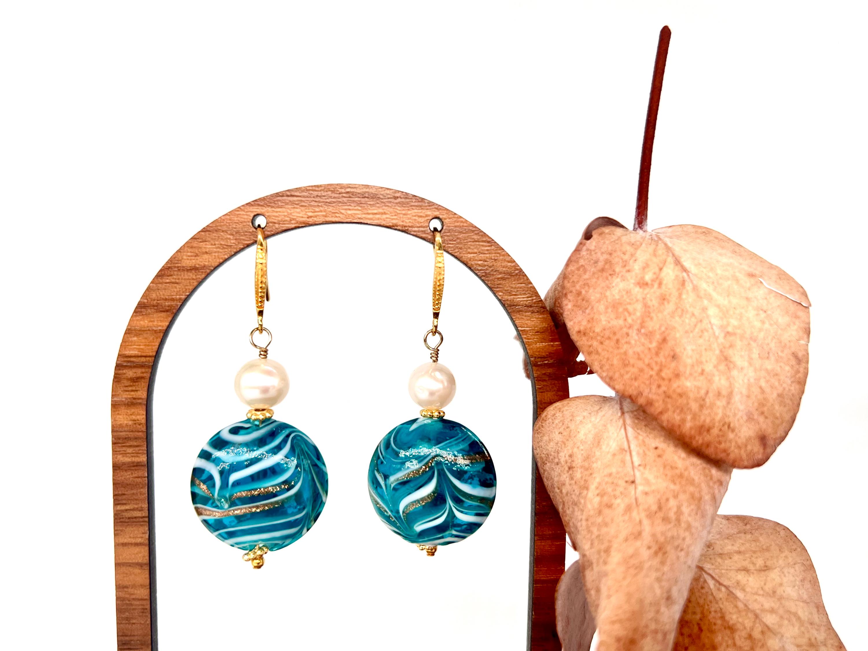 Pendientes de cristal de Murano, azules, blancos y dorados, con perlas de agua dulce, únicos, regalos de moda, pendientes novedosos, grandes, pendientes.