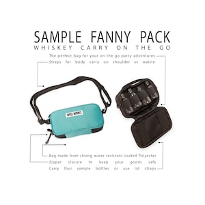 May include: A teal fanny pack with the text "WYLD WYRKS" on the front. The pack has a zipper closure and a strap that can be worn on the shoulder or waist. The pack is open to reveal a black interior with four clear glass bottles.