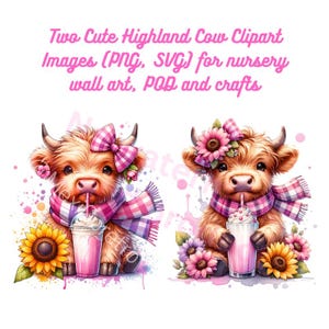 Highland Cow Watercolor Clipart Sunflower Milkshake Images For POD Crafts Nursery Wall Art