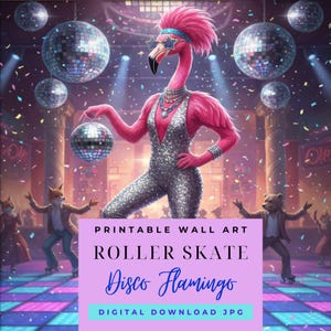 Disco Flamingo Wall Art Print, Retro Roller Skate Pink Bird (Digital Download JPG)