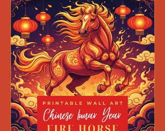 Lunar New Year 2026 Fire Horse Wall Art JPG – Retro Asian Decor Digital Download