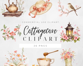 Whimsical Cottagecore Clipart: Vintage Romantic Watercolor Graphics - Digital Download - 26 PNGs