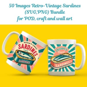 Retro Sardinen Fisch Designs SVG PNG Bundle für POD T-shirt und Handwerk