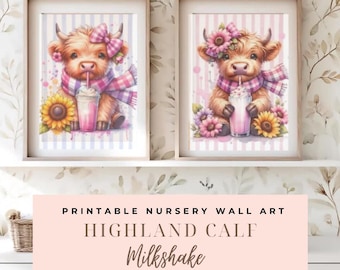 Two Highland Calf Milkshake Nursery Wall Art JPG Digital Download