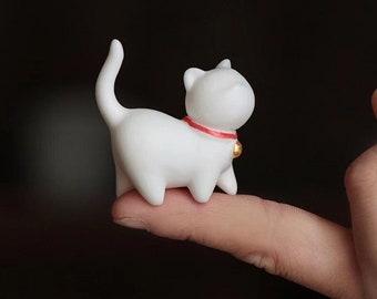 Handmade Ceramic White Cat Figurine,Cat Lovers Gift,DIY Cat,Cat with Bell,Ceramic Animal,Home Decor,Gift for her,Mother's Day Gift